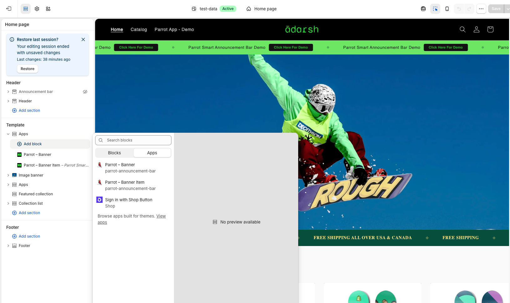 Parrot App Home in Shopify admin