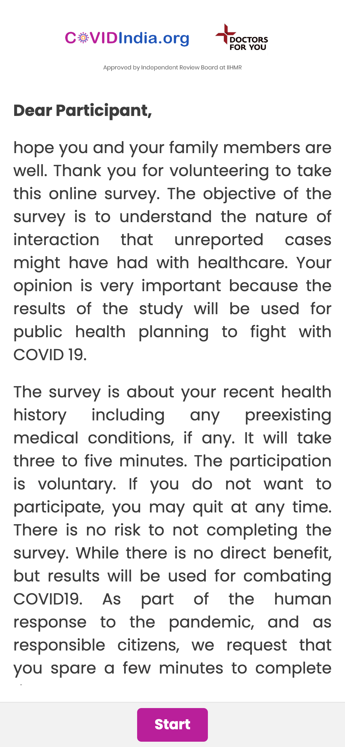 Preview of Covid Survey App